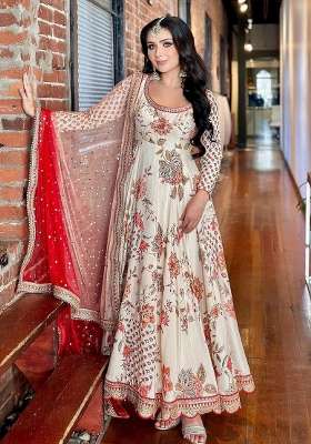 Cream Embroidered Silk Kurta Set