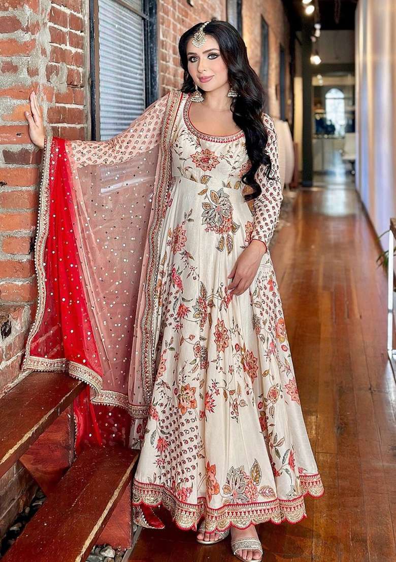 Cream Embroidered Silk Kurta Set - Indya