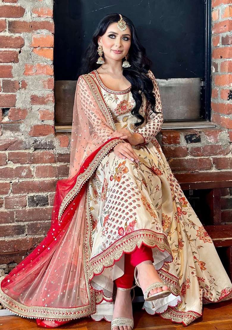 Cream Embroidered Silk Kurta Set - Indya