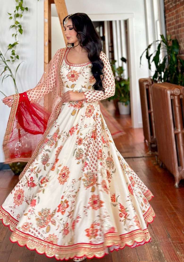 Cream Embroidered Silk Kurta Set - Indya