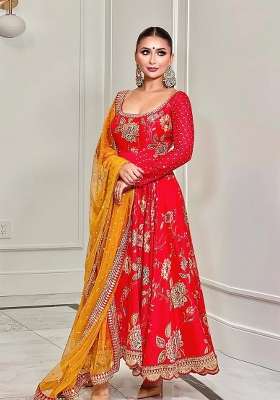 Red Embroidered Silk Kurta Set