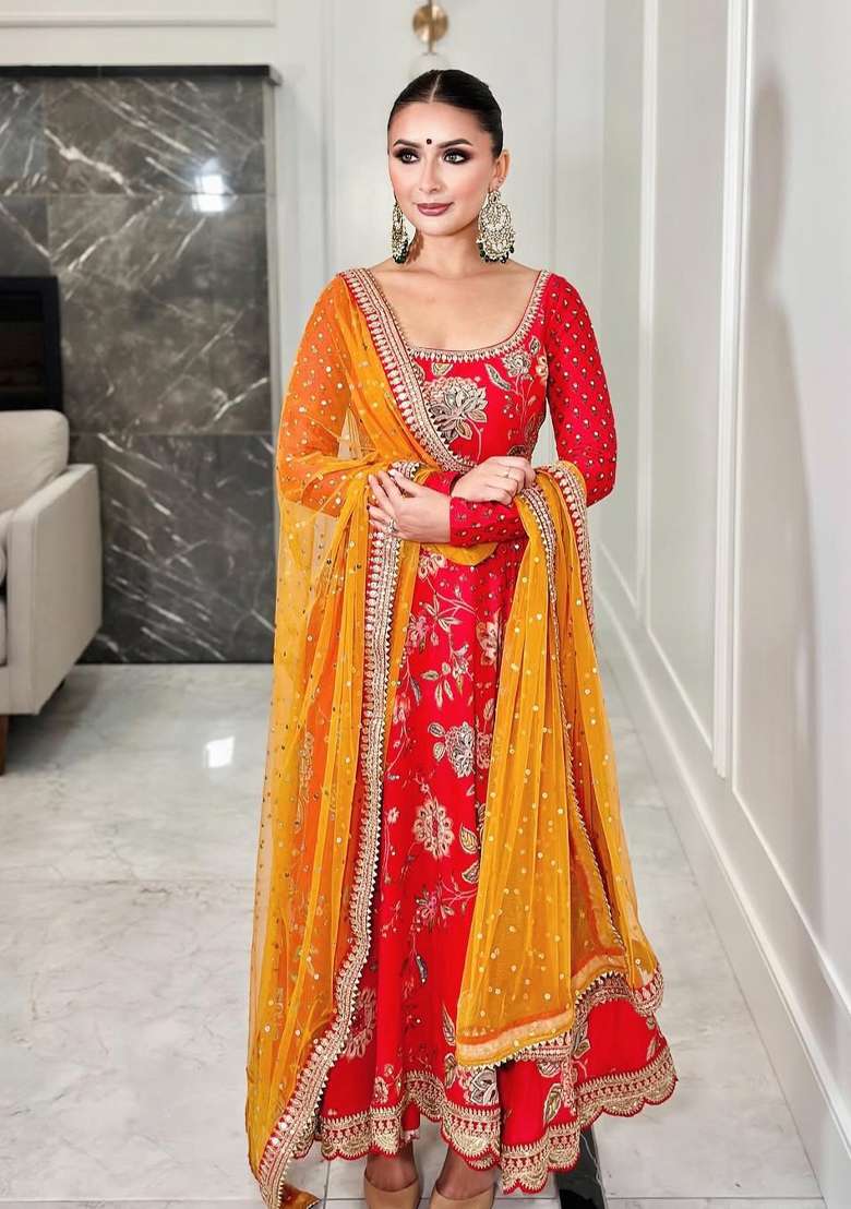 Red Embroidered Silk Kurta Set - Indya