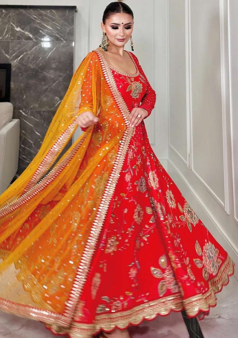 Red Embroidered Silk Kurta Set - Indya