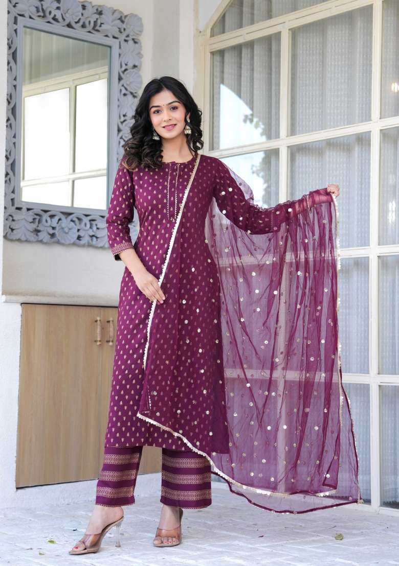 Burgundy Printed Viscose Kurta Set - Indya