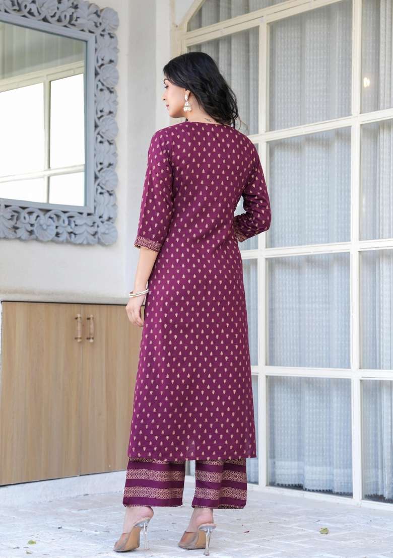 Burgundy Printed Viscose Kurta Set - Indya