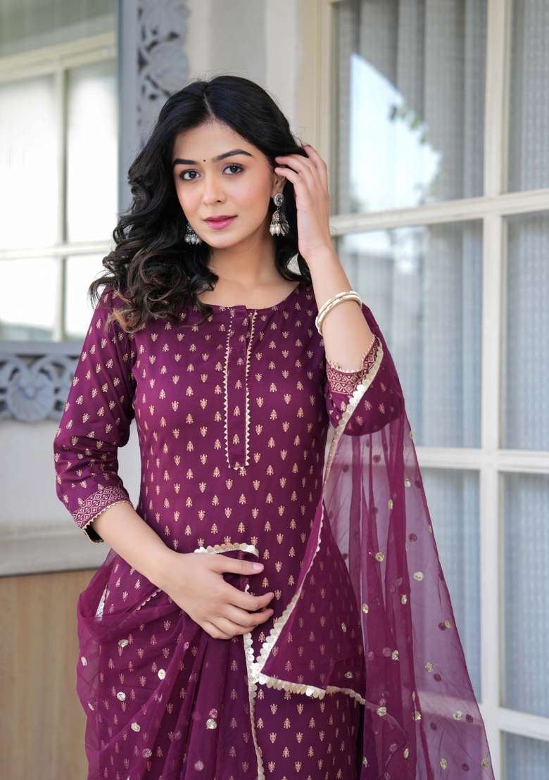 Burgundy Printed Viscose Kurta Set - Indya
