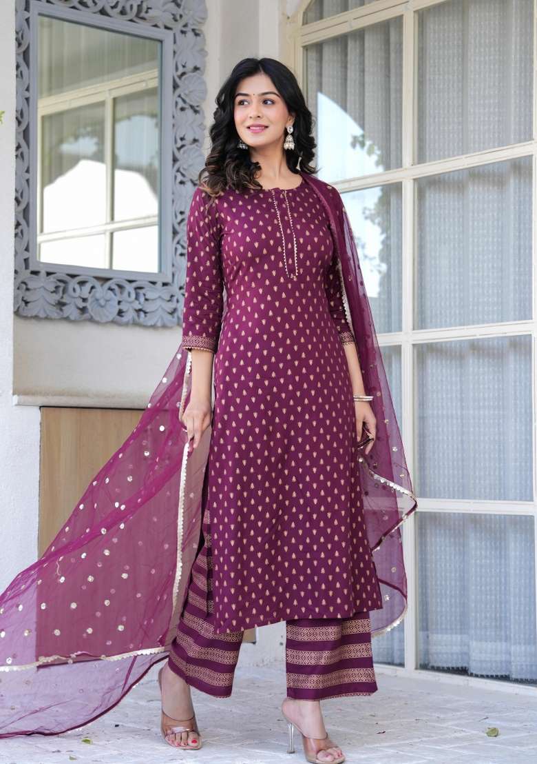 Burgundy Printed Viscose Kurta Set - Indya