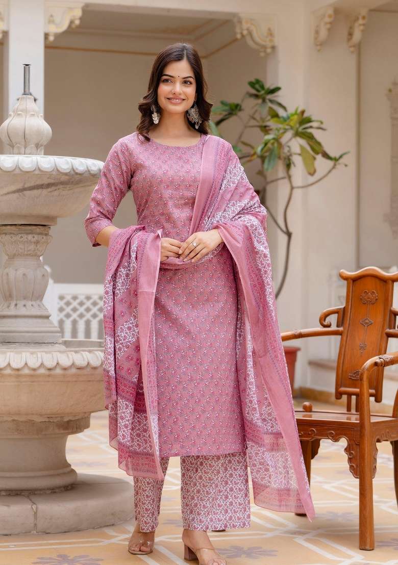 Pink Printed Cotton Kurta Set - Indya