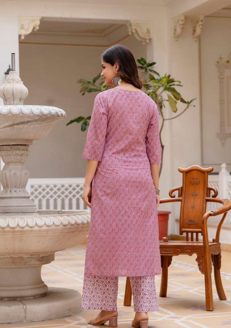 Pink Printed Cotton Kurta Set - Indya