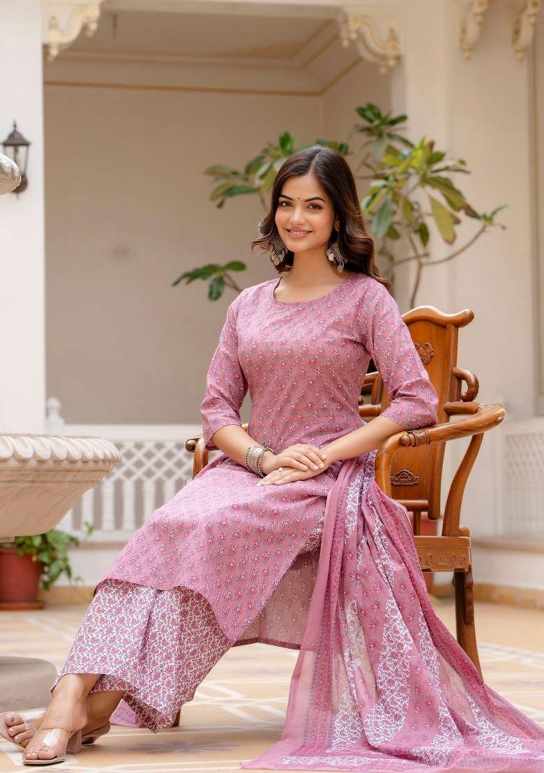 Pink Printed Cotton Kurta Set - Indya