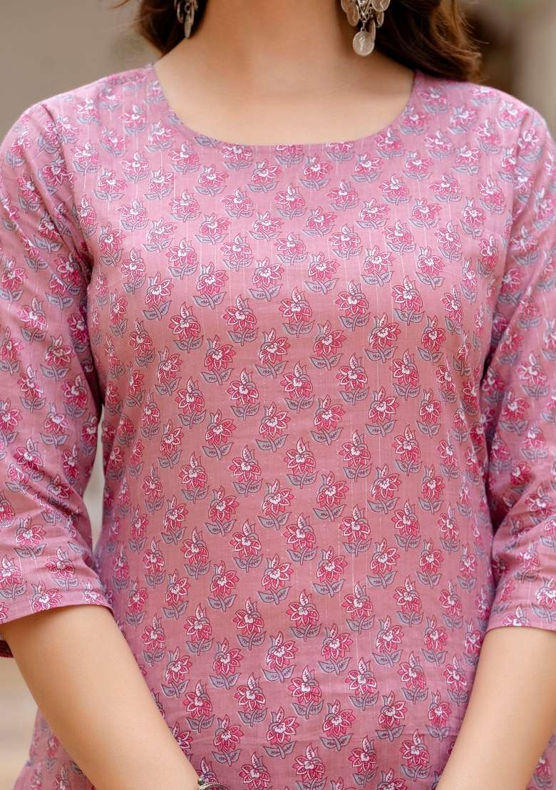 Pink Printed Cotton Kurta Set - Indya