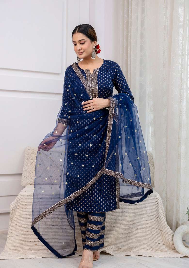 Navy Blue Printed Viscose Kurta Set - Indya