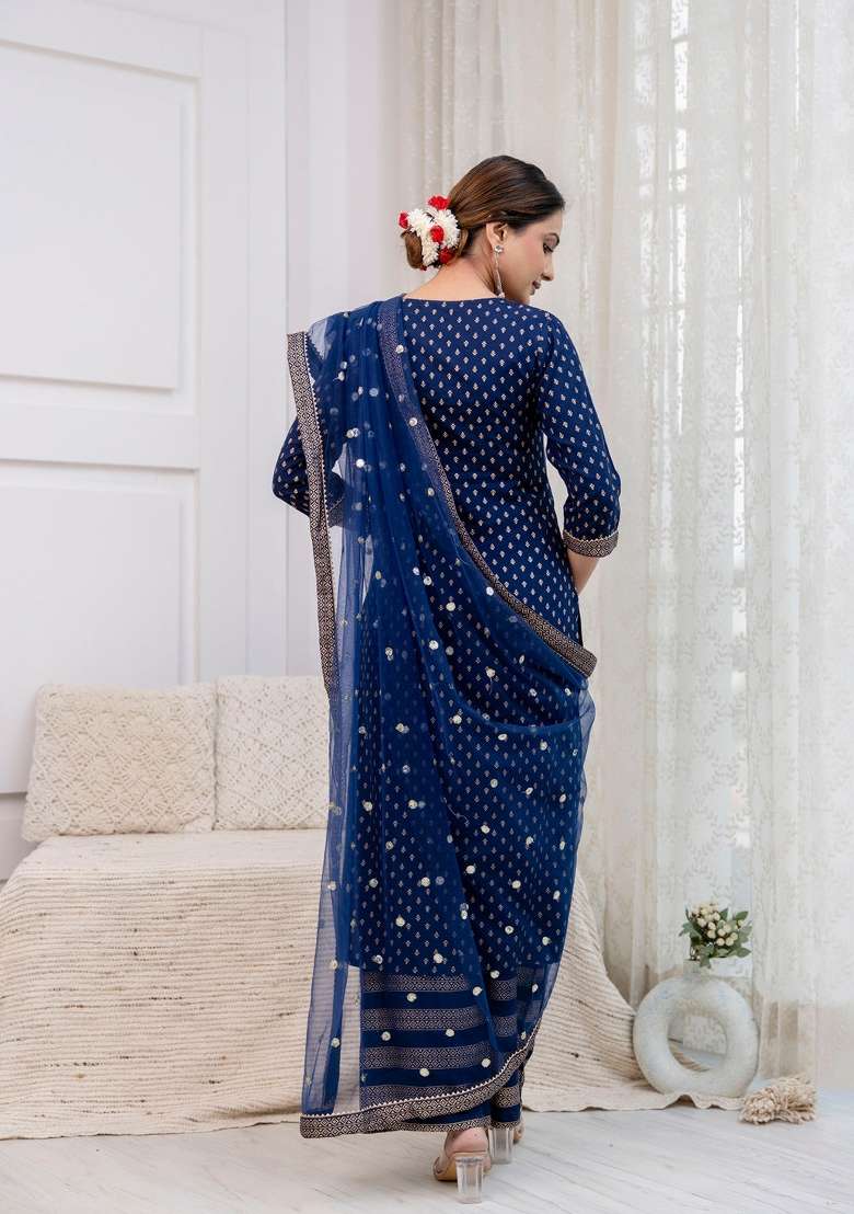 Navy Blue Printed Viscose Kurta Set - Indya