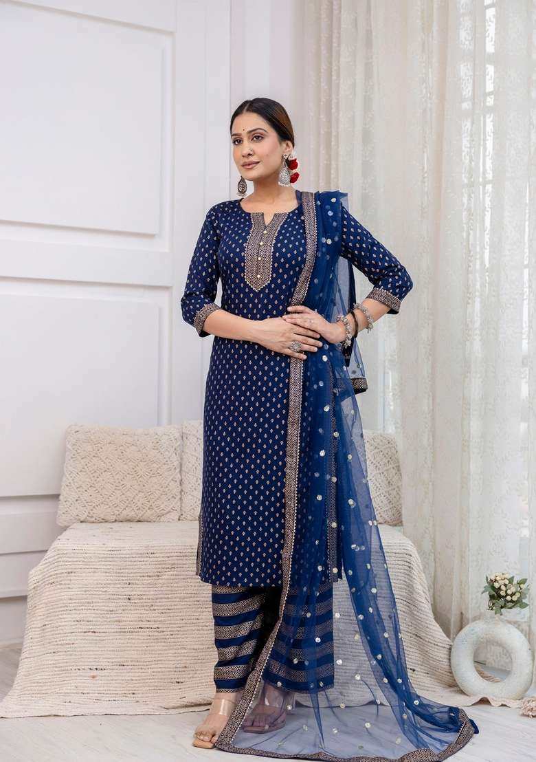 Navy Blue Printed Viscose Kurta Set - Indya