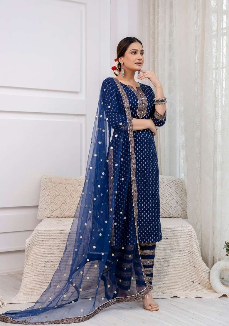 Navy Blue Printed Viscose Kurta Set - Indya