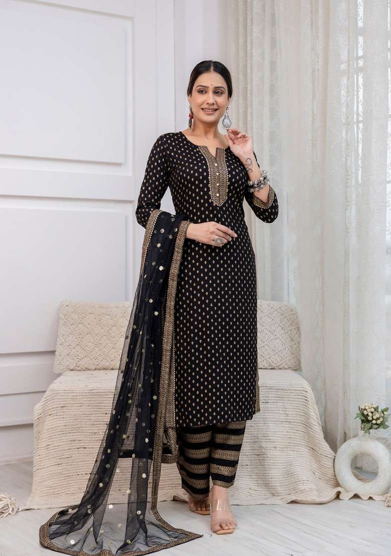 Black Printed Viscose Kurta Set - Indya