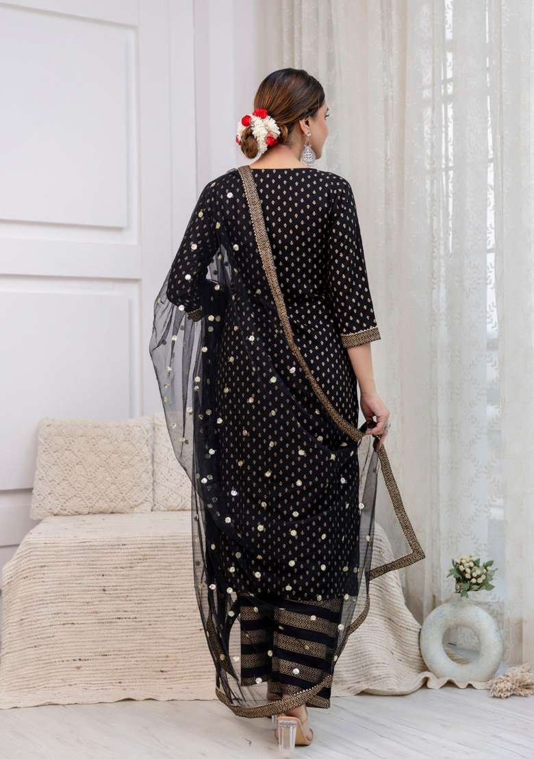 Black Printed Viscose Kurta Set - Indya