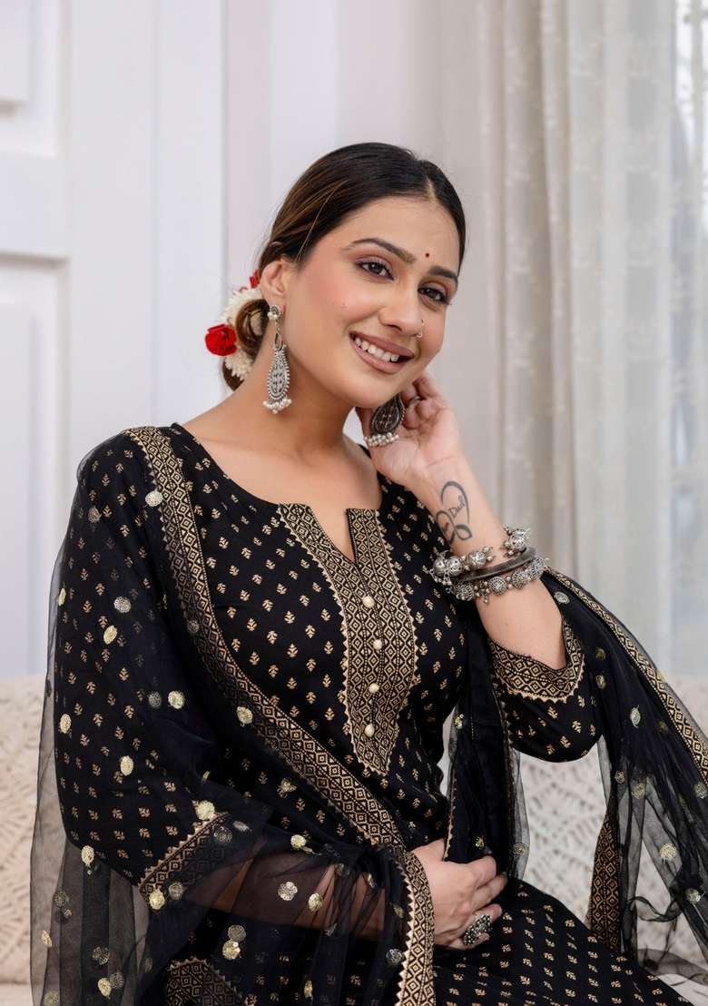 Black Printed Viscose Kurta Set - Indya
