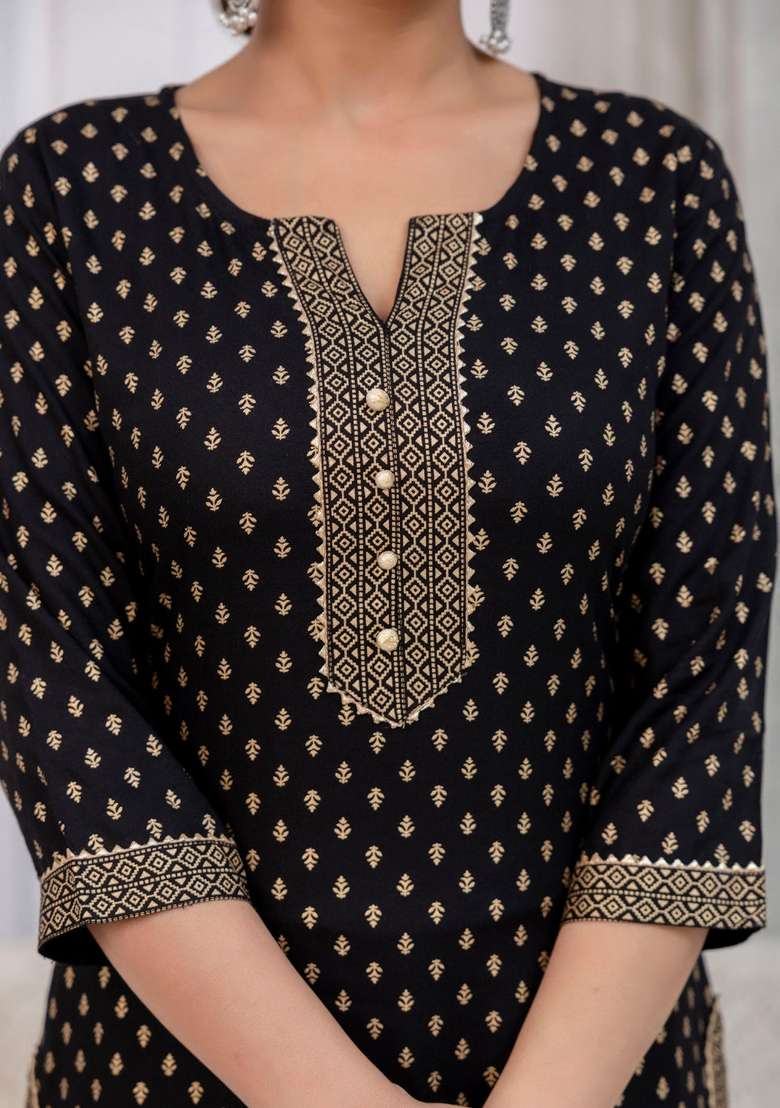 Black Printed Viscose Kurta Set - Indya