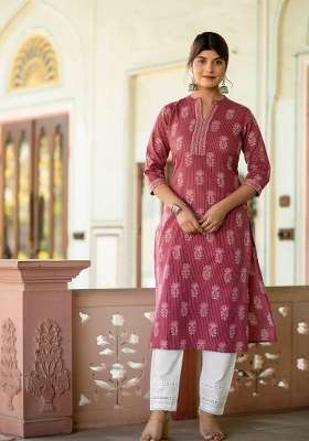 Mauve Printed Cotton Kurta Set