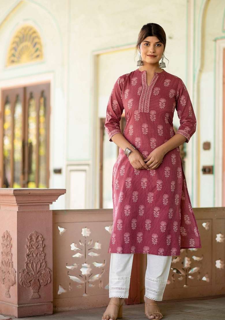 Mauve Printed Cotton Kurta Set - Indya