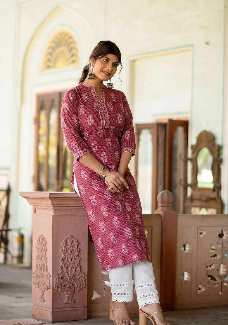 Mauve Printed Cotton Kurta Set - Indya