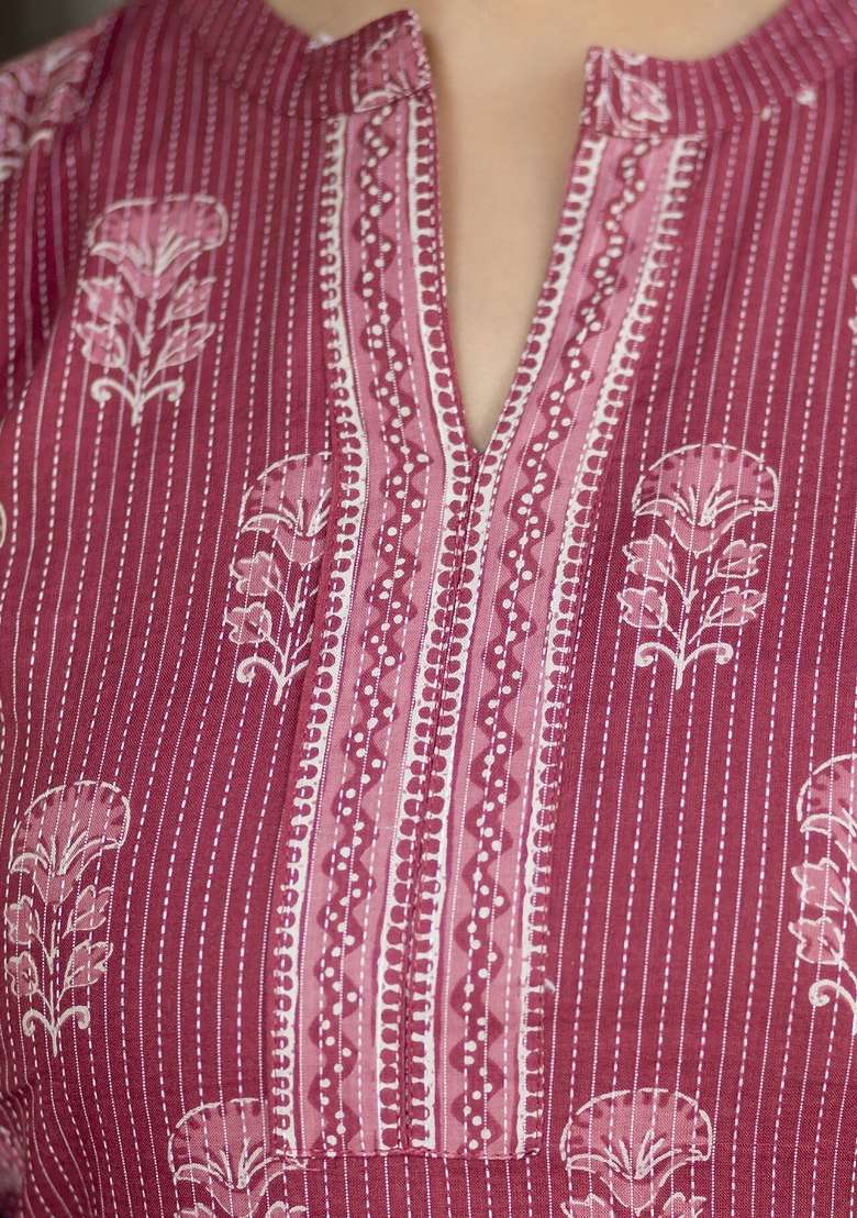 Mauve Printed Cotton Kurta Set - Indya
