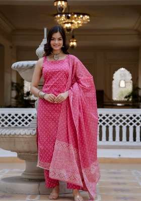 Pink Printed Cotton Kurta Set