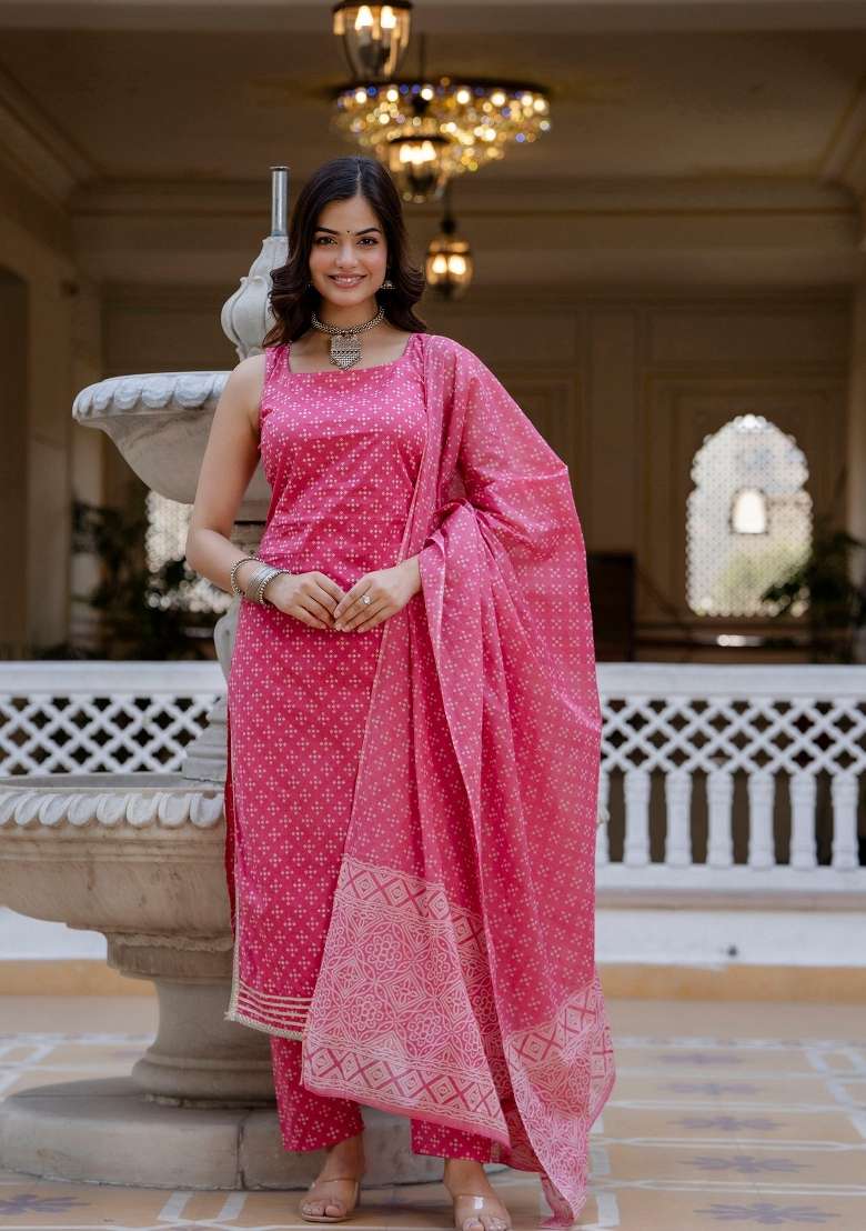 Pink Printed Cotton Kurta Set - Indya