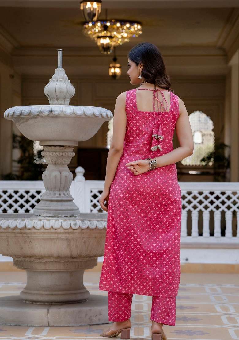 Pink Printed Cotton Kurta Set - Indya