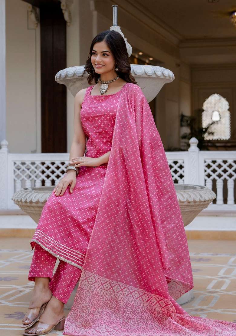 Pink Printed Cotton Kurta Set - Indya