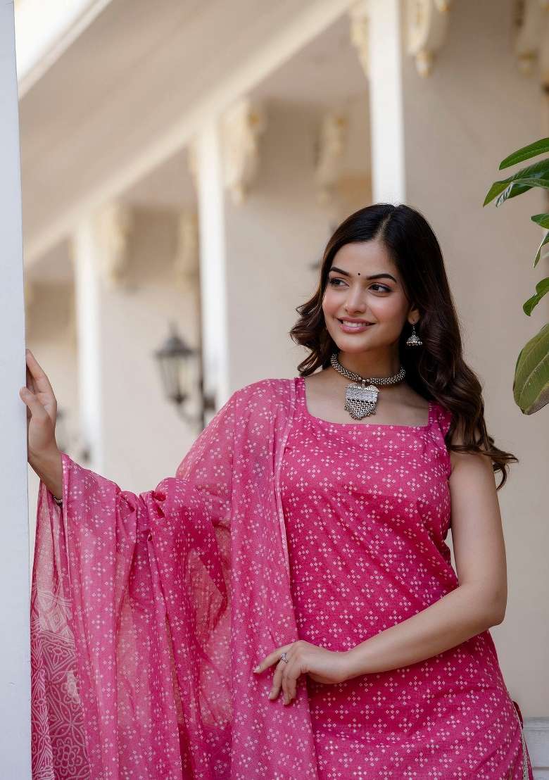 Pink Printed Cotton Kurta Set - Indya