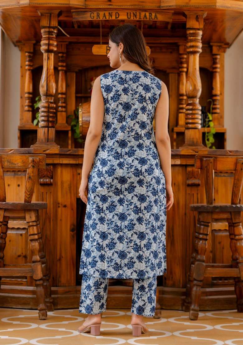 Blue Printed Cotton Kurta Set - Indya