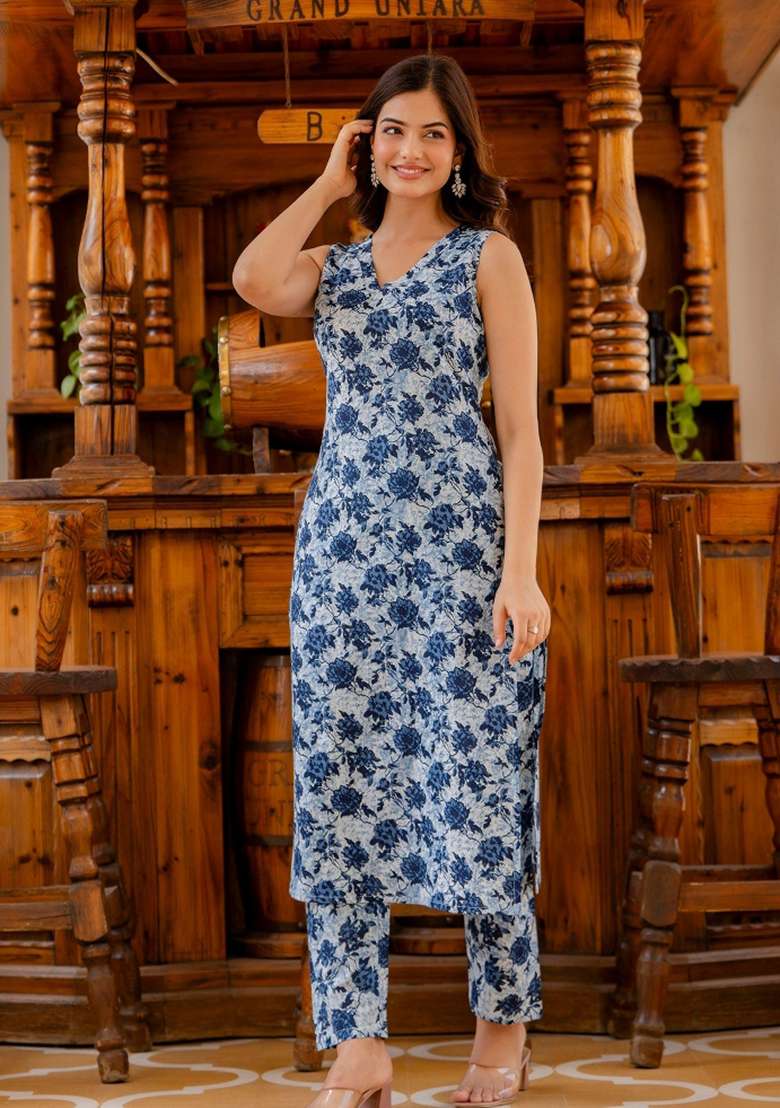 Blue Printed Cotton Kurta Set - Indya