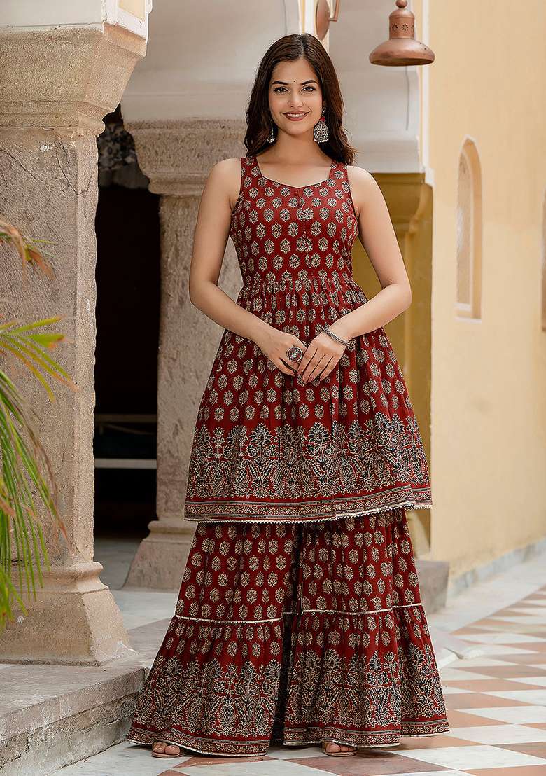 Maroon Printed Cotton Kurta Set - Indya