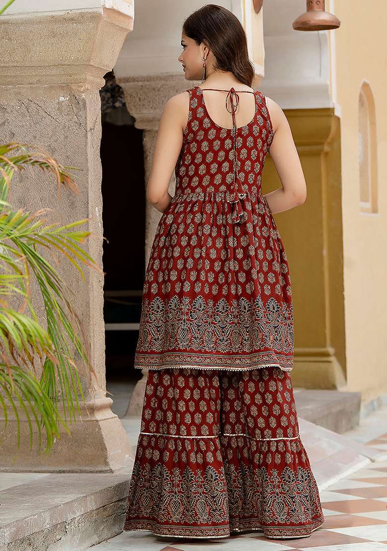 Maroon Printed Cotton Kurta Set - Indya