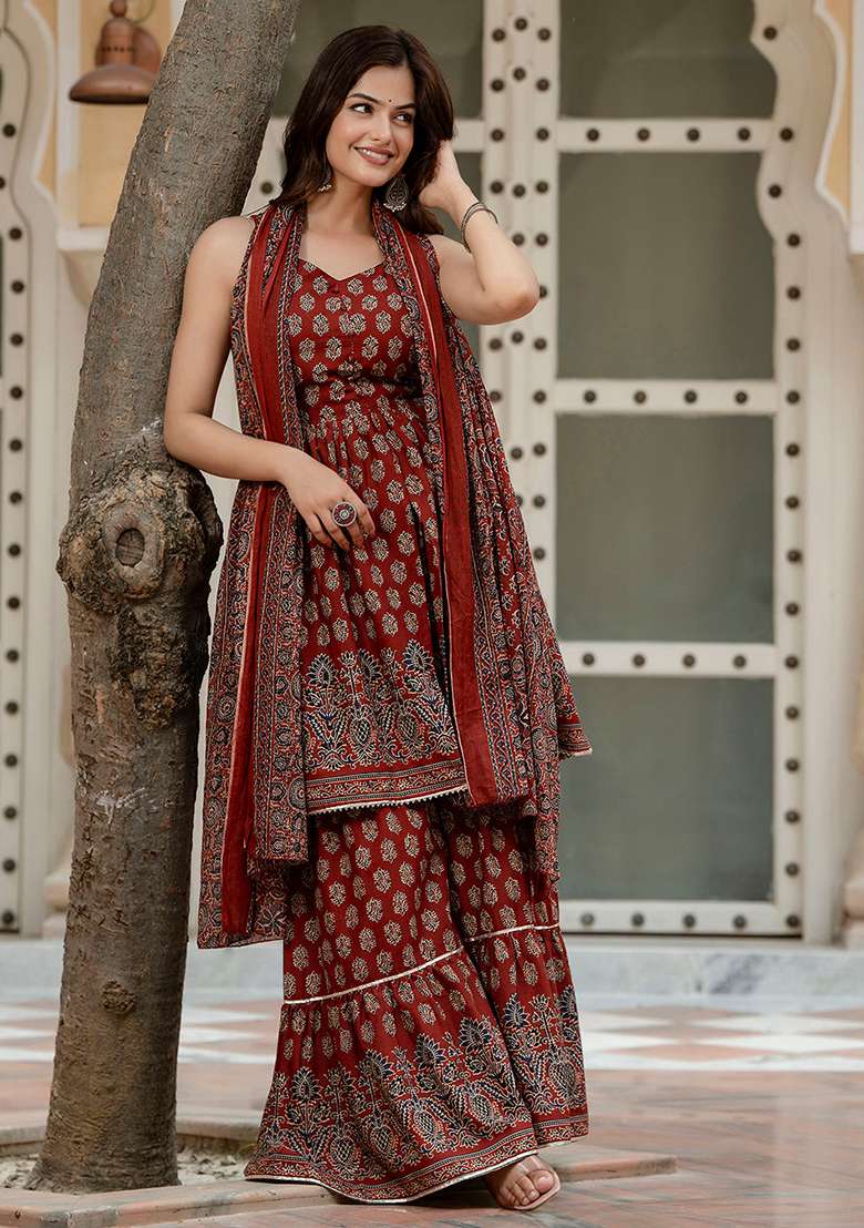Maroon Printed Cotton Kurta Set - Indya