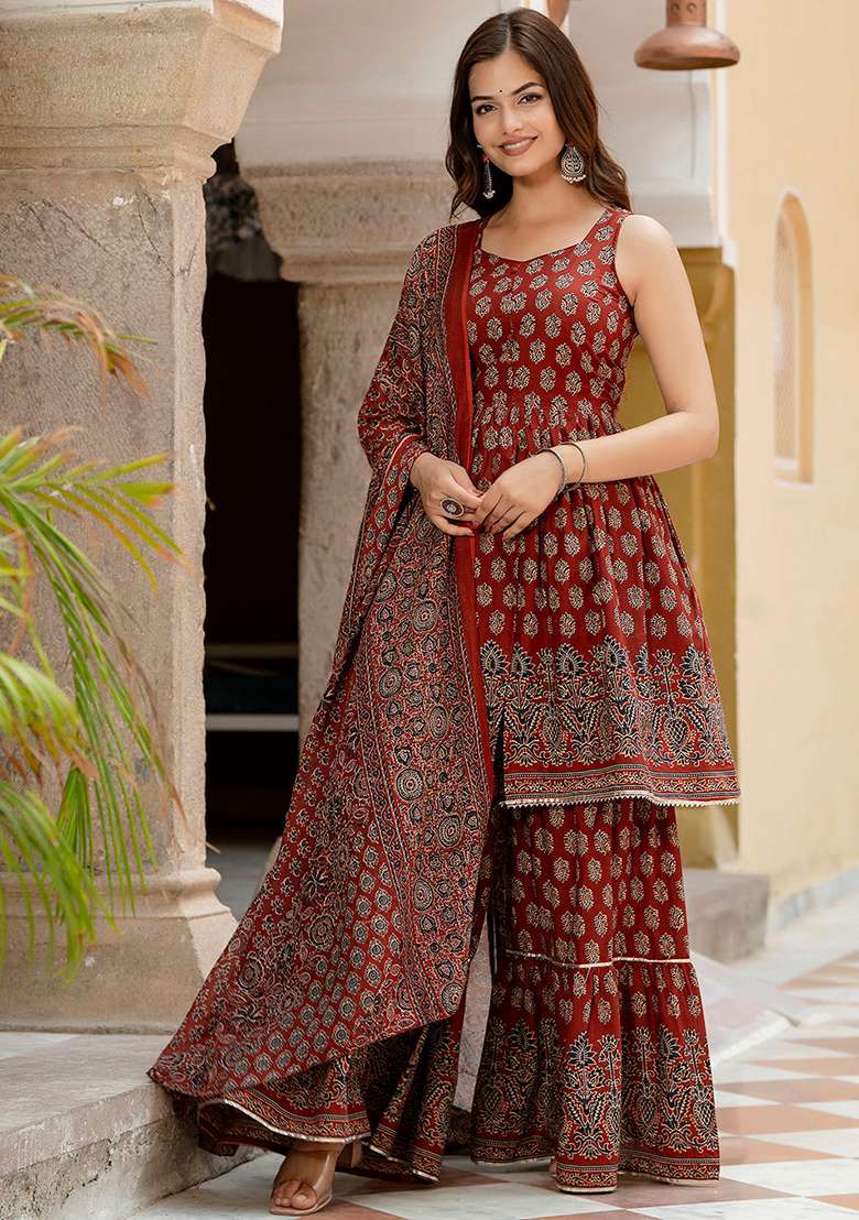 Maroon Printed Cotton Kurta Set - Indya