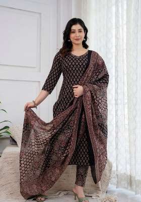 Black Printed Cotton Kurta Set