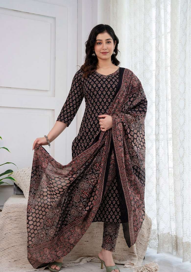 Black Printed Cotton Kurta Set - Indya
