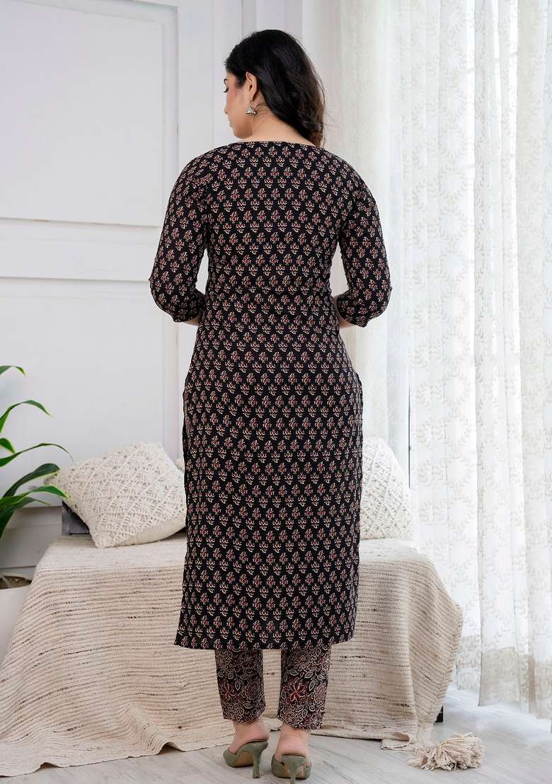 Black Printed Cotton Kurta Set - Indya
