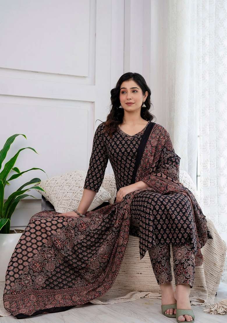 Black Printed Cotton Kurta Set - Indya