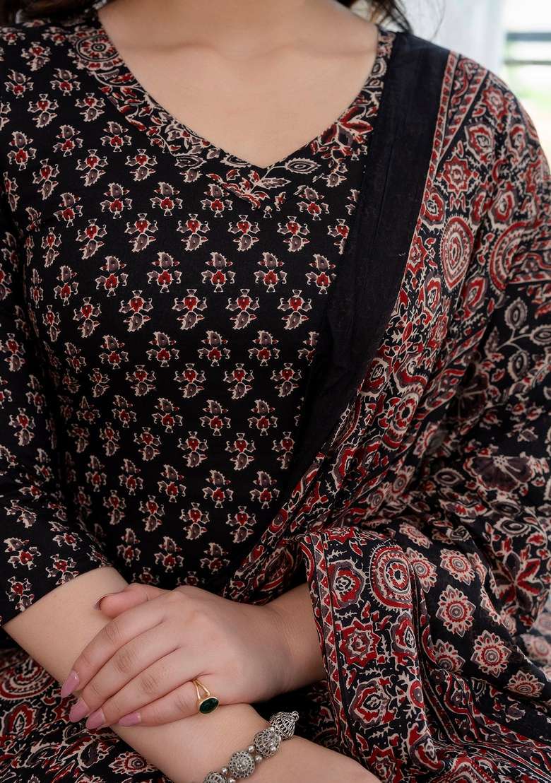 Black Printed Cotton Kurta Set - Indya