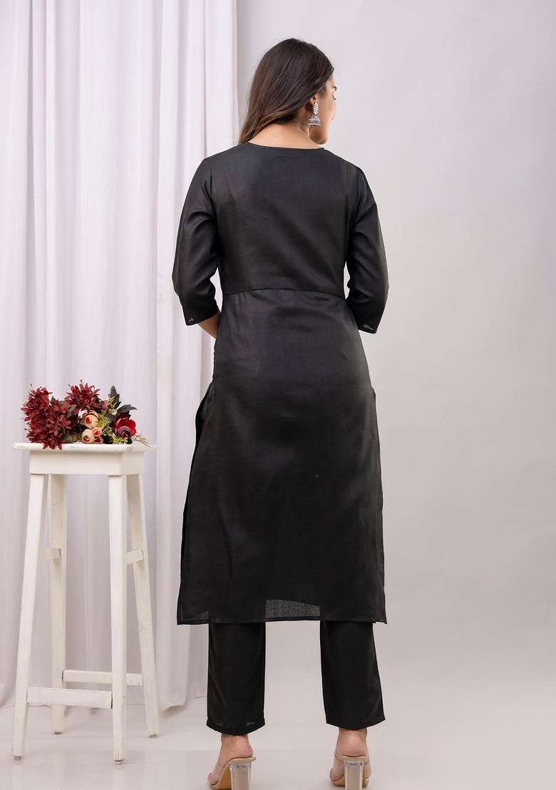 Black Printed Cotton Kurta Set - Indya