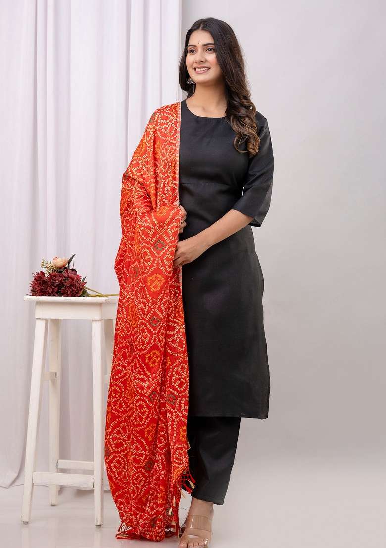 Black Printed Cotton Kurta Set - Indya