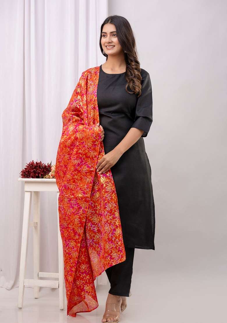 Black Printed Cotton Kurta Set - Indya