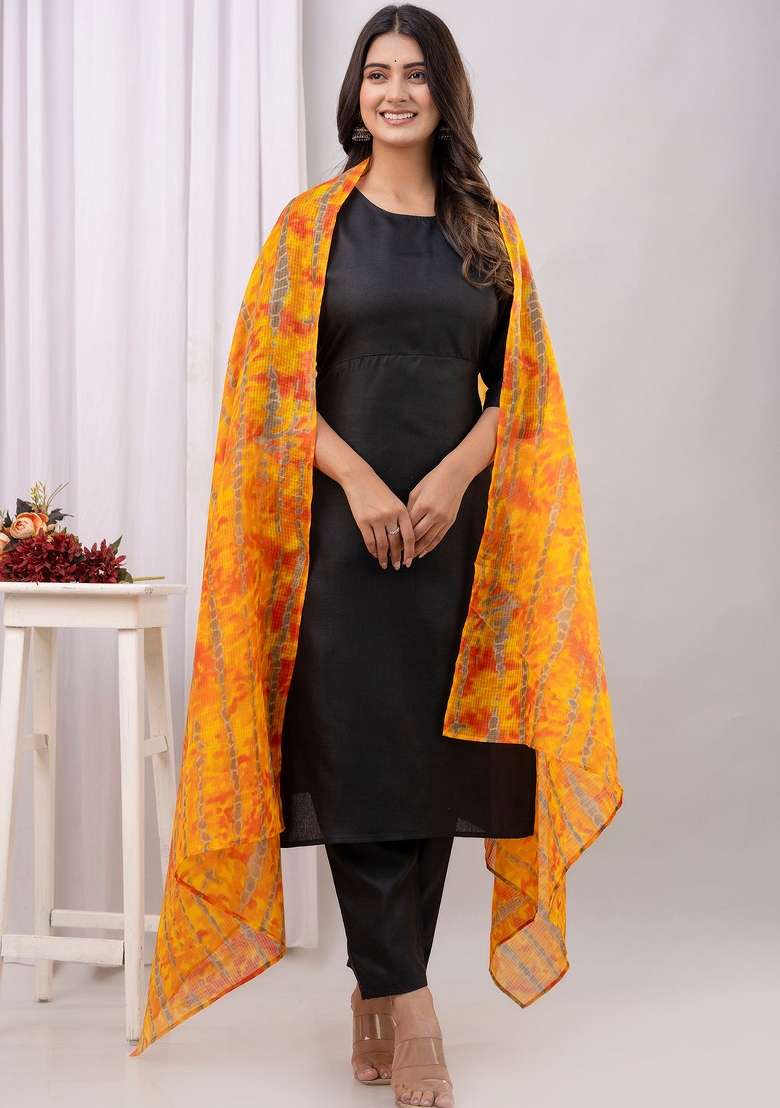Black Printed Cotton Kurta Set - Indya