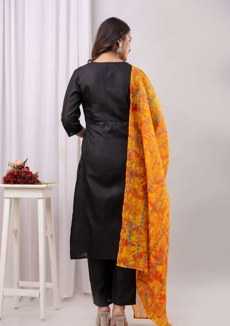 Black Printed Cotton Kurta Set - Indya