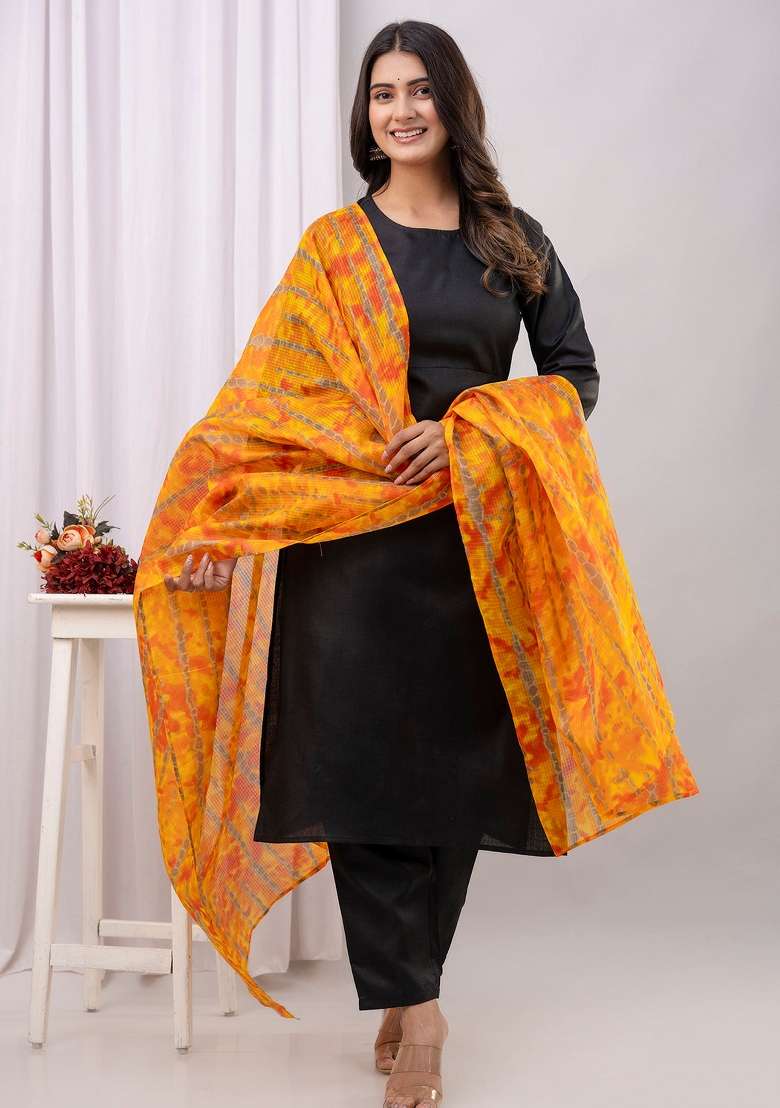 Black Printed Cotton Kurta Set - Indya