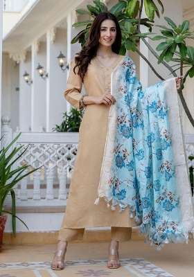 Beige Printed Cotton Kurta Set